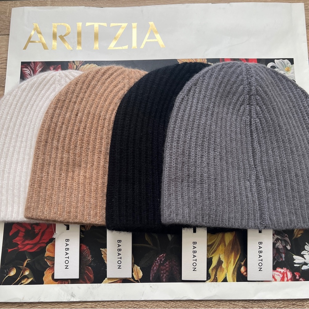 Aritzia Babaton 100% Cashmere Beanie Hat Cream Ivory Ribbed Knit NEW with Tags - Picture 8 of 13